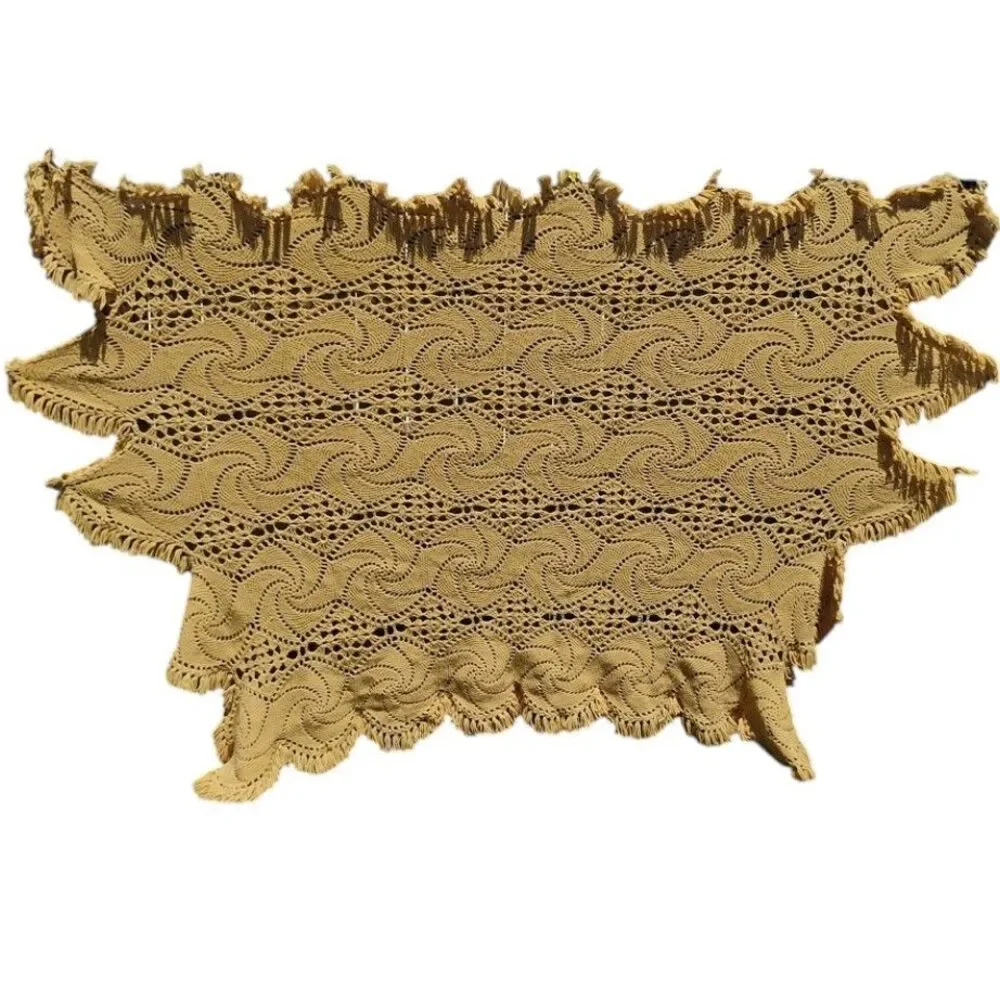 Vintage Mustard Yellow Crochet Afghan Blanket Pinwheel Starburst Fringe 112x65